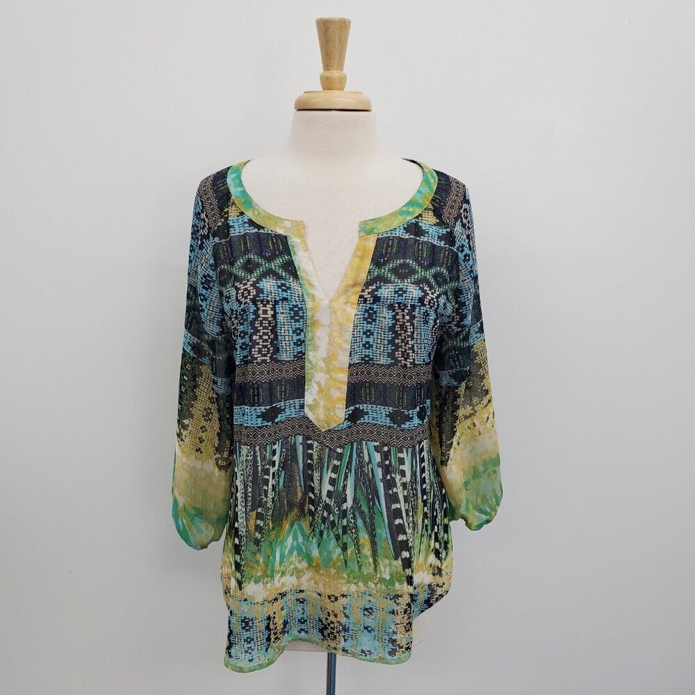 Fig And Flower Womens Peasant Tunic Top Blouse Size XL Sheer‎ 3/4 Sleeve Boho